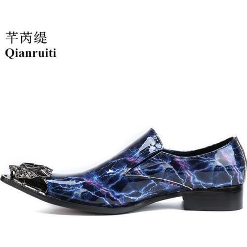 Patent Leather Men Wedding Dress Shoes Marble Printing Loafers Gold Metal Toe Formal Business Party Fashion Show Wearing Shoes