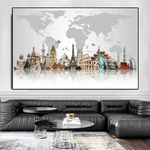 World Famous Building Wall Art Posters And Prints World Tourist Map Canvas Art Paintings Modern Pictures for Home Decor Cuadros