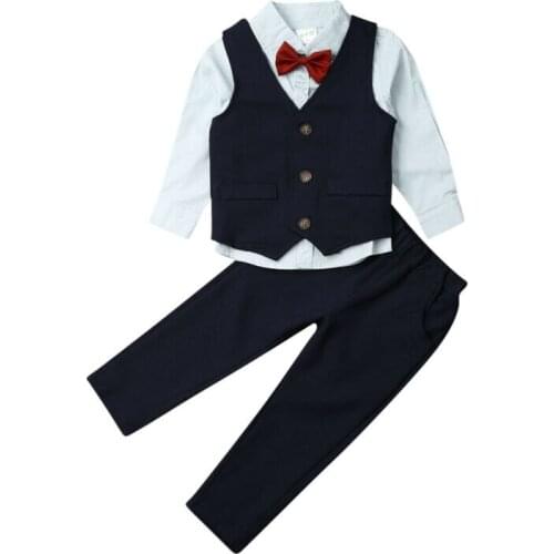 New 4pcs Baby Boys Fall Winter Clothes Gentlemen Suit Top+Pants+Vest+Bow Tie Outfits