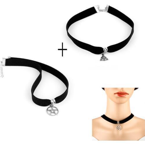 1SET=2PCS Vintage Choker Necklace Women Black Leather Rope Pendant Necklaces New Accessories Fashion jewelry