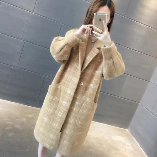 Autumn and Winter New Mink Velvet Middle Long Coat Womens Fashion Loose Knit Cardigan Padded Plaid Woolen Coat h00267