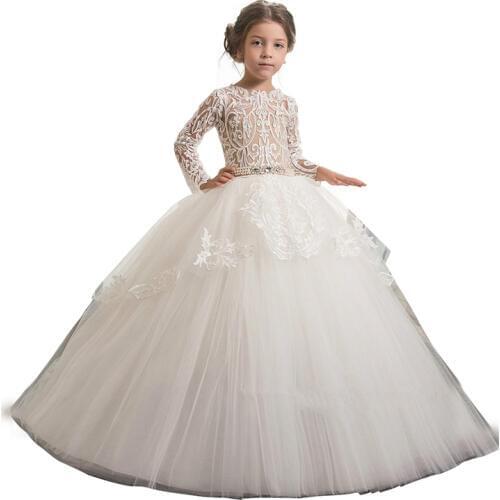 Long sleeve girls dress applique party dresses for girls long kids ball gown children clothes tulle flower girls dresses 2019