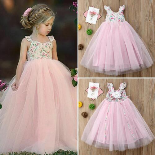 Pudcoco Summer Lovely Dress Toddler Baby Girls Petal Sleeve Floral Print Bow Back Floral Lace Tutu Ankle-Length Dress