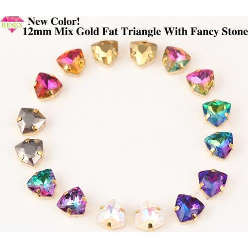 RESEN New Mix Color 12mm Glass Fat Triangular Stone With Gold Claw Crystal Sew On Rhinestone With Holes DIY Clothing Accessories
