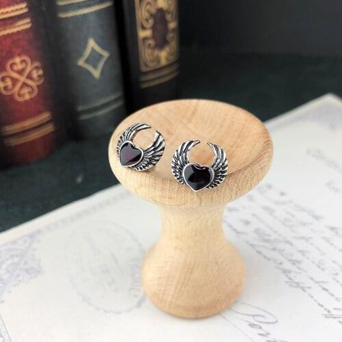 Fashion Parts Ancient Silver Color Punk Dark Gothic Wind Wings Red Blood Heart-Shaped Drop Oil Ear Stud Earrings