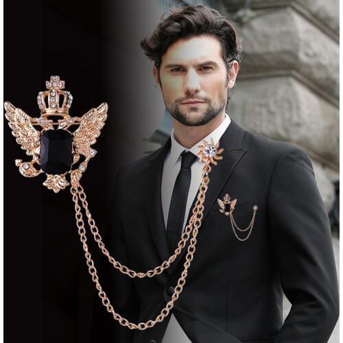 Korean New Personality Wings Crown Brooch Crystal Tassel Chain Lapel Pin Fashion Suit Badge Collar Corsage for Men Accessories