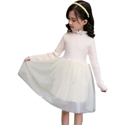 Girls Knitted Dress Star Mesh Dress For Girl Long Sleeve Children Dress Teenage Costume For Girls 6 8 10 12 14