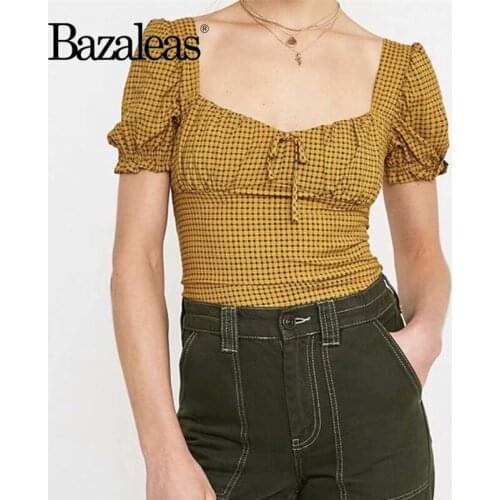 Bazaleas Chic Yellow Tartan Print Cotton ropa mujer Fashion Center Bow blouse women harajuku Vintage Bandage Blouse