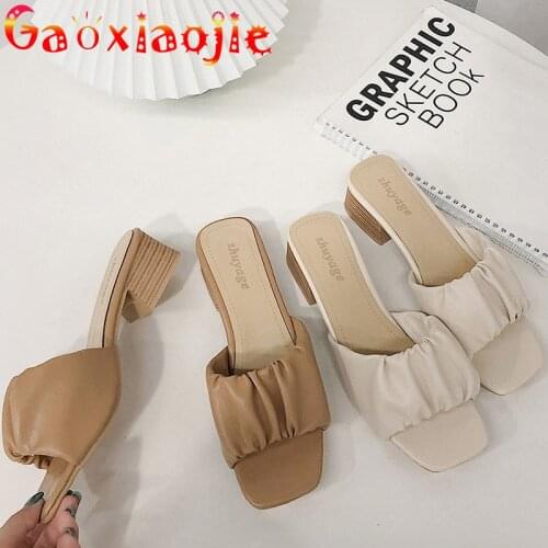 Slippers Women Summer 2020 New Square Head Thick Heel3.5CM Sandals Women French Retro PU Shallow Mouth Fashion Wild Female Shoes