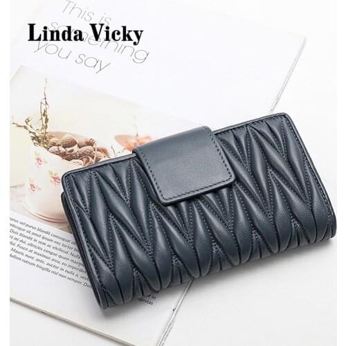 LINDA VICKY 100%Sheepskin Ladies Wallet 2021Fashion Clutch Bag Multiple Layers Purse Bag Senior Genuine Leather Women Card Bag