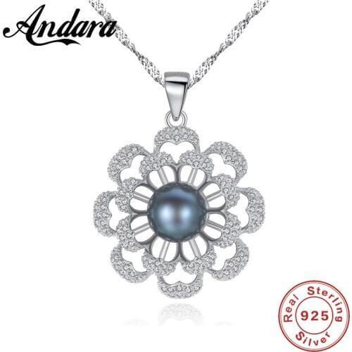 Real S925 Sterling Silver Flower & Pearl Necklace for Women Fine Jewelry Wedding Party Gift Free Shipping