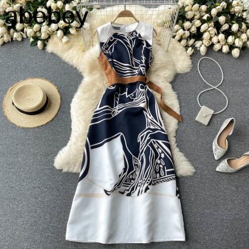 Korean Floral Tank Dress Women Sleeveless o Neck Belt A-line Chiffon Dress Summer Boho Print Vacation Pleated Sundress