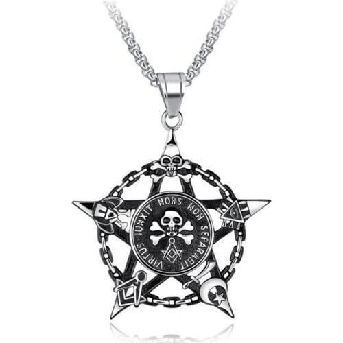 1Pcs Fashion Pentagram Pan God Skull Necklaces Pendants Luck Satanism Occult Metal Vintage Silver Star Necklace Man