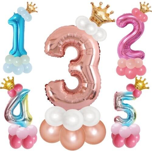 14PCS Blue Pink Rose Gold Number Balloon Happy Birthday Balloon 1st Birthday Party Decoration Kids Boy Girl Party Ballon Number