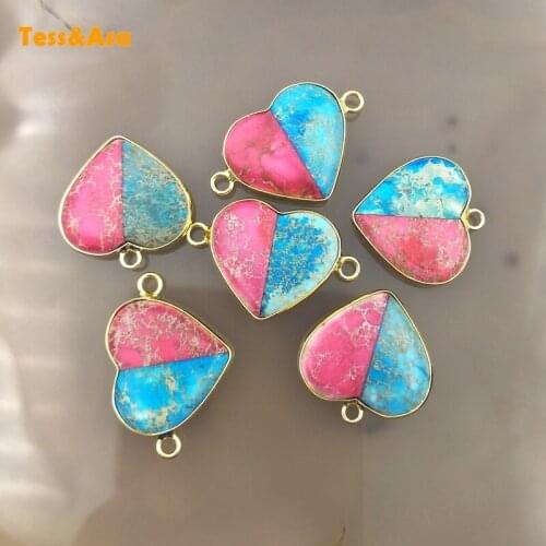 3pcs Natural Emperor Stone Pendants Heart Shape Diplopore Connector Gold Exquisite Charm Woman Jewelry Necklace Bracelet Making