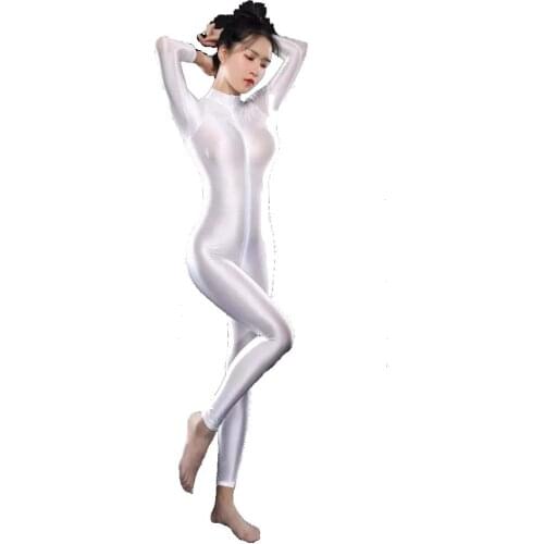 Full Body Bodysuit Oil Gloosy Tight Shaping Thong Bodysuit Stockings Catsuit Sheer See Through Double End Zipper Opens Crotch