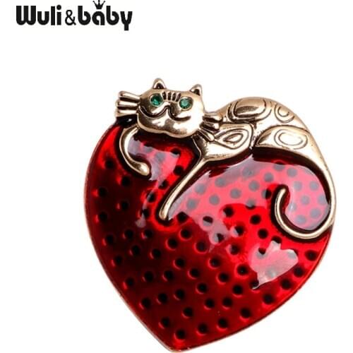 Wuli&baby Cute Heart Cat Brooches For Women Party Casual Peats Animal Brooch Pins Gifts