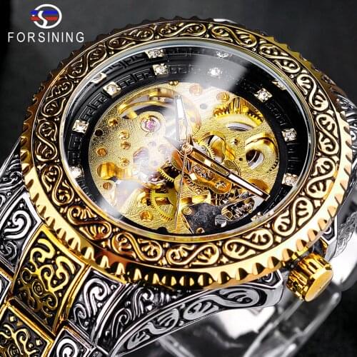 Forsining Mechanical Mens Watch Automatic Men Wristwatch Luxury Diamond Stainless Steel Skeleton watches Gold Relogio Masculino
