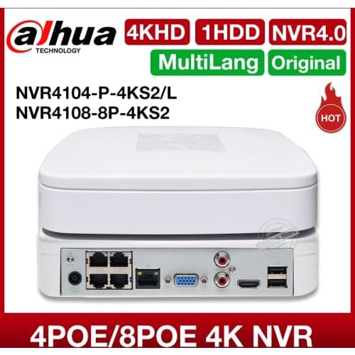 Dahua Original MultiLang NVR4104-P-4KS2/L NVR4108-P-4KS2/L 1HDD 4/8CH 4PoE Network Video Recorder P2P ONVIF H.265 Audio Alarm