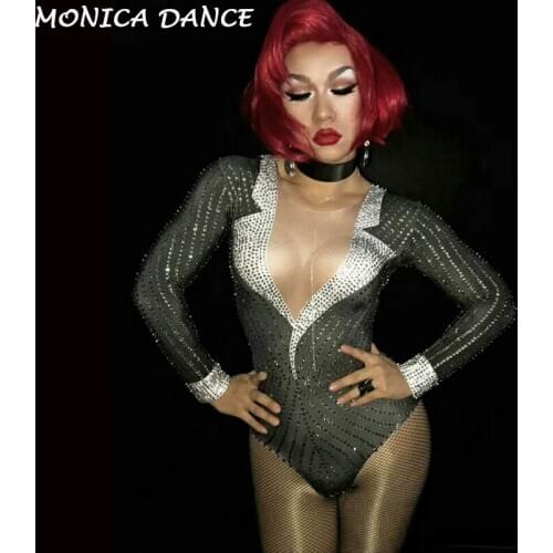 Women Stage Glisten Teacher Uniform Costume Bling rhinestones Bodysuit Women Diamonds Leotard Birthday Celebrate Occasion Wear