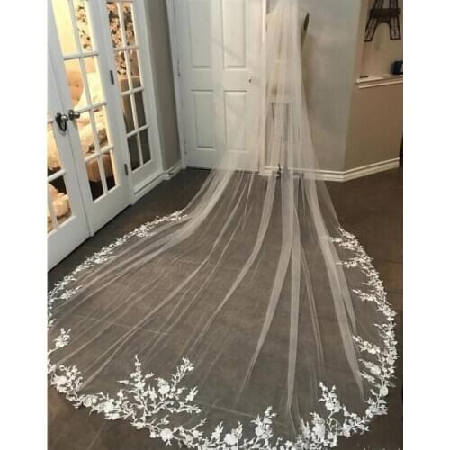 3M Long Veil Lace Appliqued Cathedral Length Appliqued White Ivory Wedding Veil Bride Veils Bridal Hair With Free Combs