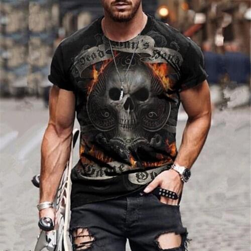 Mens Oversized Vintage Short Sleeve T Shirts 2021 Summer New 3d Flame Skull Print Tshirt Fashion Gym Casual Men Black Tees Tops