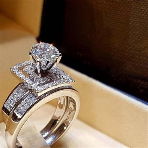 Classic 2 PCS/SET Milangirl Cute Crystal White Round Ring Set For Women Luxury Engagement Ring Vintage Bridal Wedding Jewelry