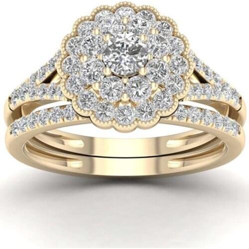 Creative Light Gold Color Crystal Zircon Flower Ring for Women Engagement Party Wedding Female Rings Jewelry Hand Accessories