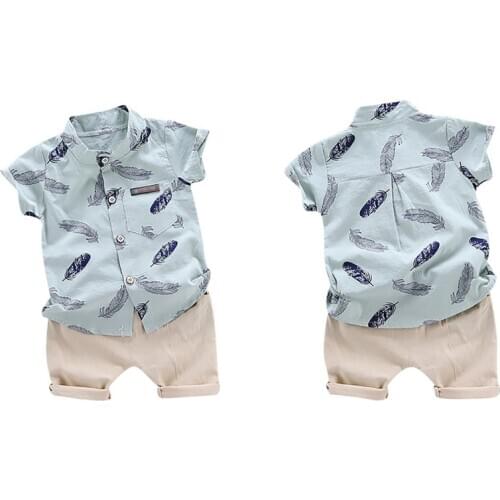 Summer Baby Boys Casual Short Sleeve Floral Feather Fur Print T-shirt Tops+Shorts Costume Set 2021
