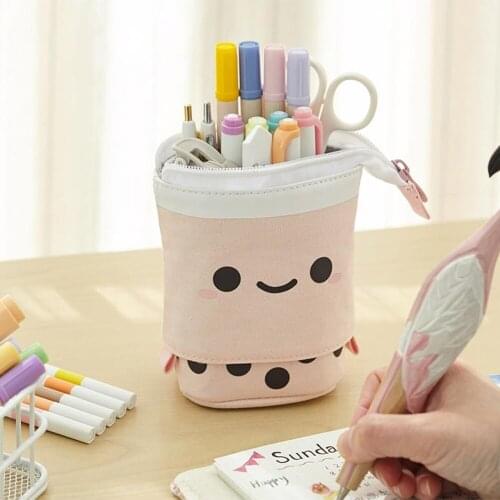 Cute Pencil Box Milk Tea Pattern Pen Bag For Children Student Study Tool With Smiling Face Brush Pot Cosmetic Case Pen Bag New