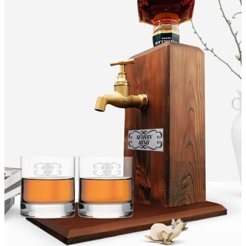 Personalized Dual Whisky Cup and Tap Natural Wood Whisky Stand-Walnut Gift Special Design Handmade Goblet Name written