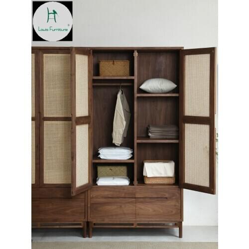 Nordic black walnut baby wardrobe storage cloakroom large combination rattan woven breathable function room complete set of