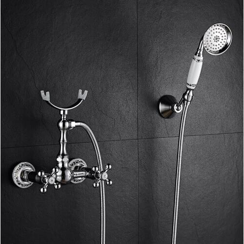 Bathroom shower faucet dual handle wall mounted Bathtub Shower set chrome plated cold hot water mixer Blue and white porcelain