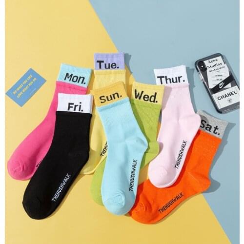 Spring and summer color matching socks womens double Luokou cotton candy color sports and leisure student week socks ins trend