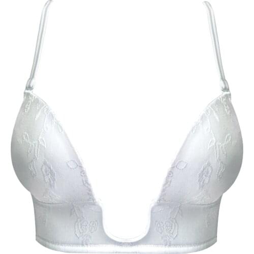 YANDW White Push up Bra sexy plunge Deep Gather Simple transparent Straps Floral Silicone women bra 70 75 80 85 90 95 A B C D E