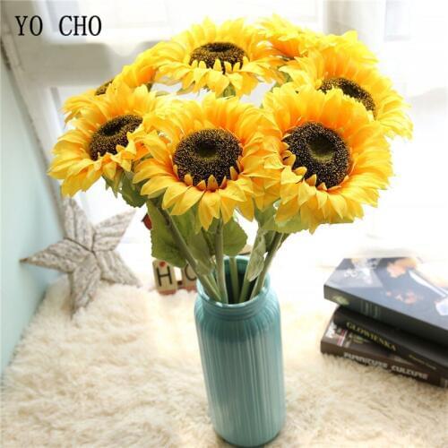 YO CHO Wedding Flower Bridesmaids Hand Bouquet Artificial Silk Sunflower Babys Breath Bouquet DIY Home Party Prom Decorations