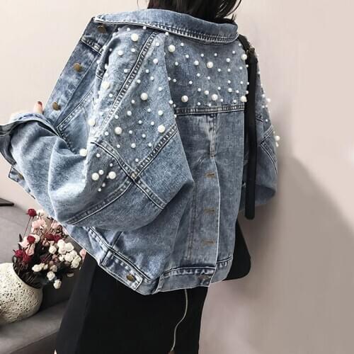 2020 Spring Pearls Denim Jacket Women High Waist Short jean Coats and Jackets Plus Size