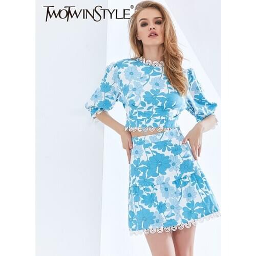 TWOTWINSTYLE Floral Print Lace Two Piece Set For Women Puff Sleeve Tops High Waist Skirts Sexy Suit Female 2021 Womens Clothing
