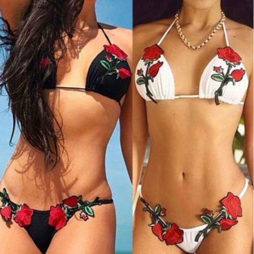 Briefs Sets 2018 Summer Women Sexy Floral Embroidery Swimsuit Halter Bra +Shorts 2PCS Set