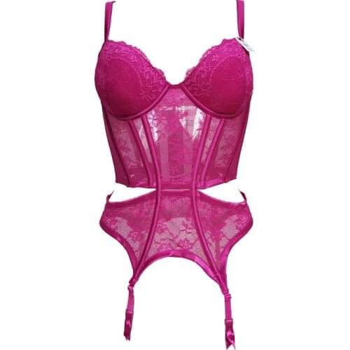 Rose Red Women Lace Cutout Fishbones Waist Training Metal Clips Bustier for Stockings, Sexy Lingeries Underwear Gift SH053