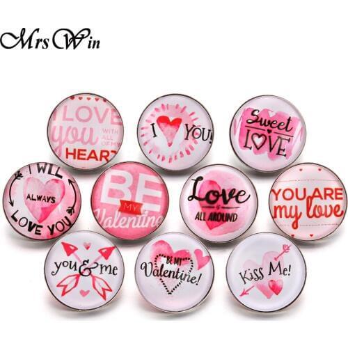 10pcs/lot New Love Snap Jewelry Pink Love Heart Lettera 18mm Glass Snap Buttons Cabochon Fit Snap Button Bracelet Charms Jewelry