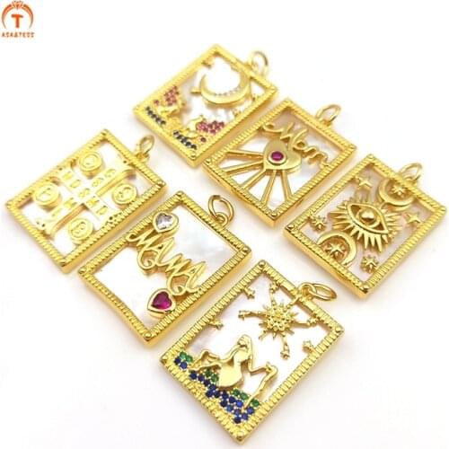 5Pcs Moon Stars Letter Photo Village Shape Gold Brass Plated Square Shell Pendants Finding For Women Necklace Gift Making DIY
