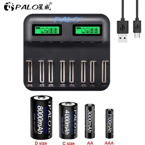 PALO 1.2V C D size battery AA AAA rechargeable batteries+LCD display USB Smart battery Charger for AA AAA SC C D Size battery