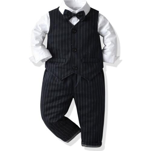 England Style Birthday Kids Boys Blazer Suits for Wedding Autumn Baby Bow Tie Vest Shirt Pant Formal Party Wear Children Costume