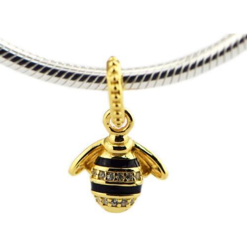 Fits For Pandora Bracelets Queen Bee Charms with Black Enamel & Clear CZ 100% 925 Sterling-Silver-Jewelry Beads Free Shipping