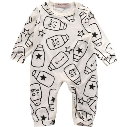 Hot 0-18M Newborn Infant Kid Baby Boy Girl Clothes Romper Cartoon Milk Bottle Print Long Sleeve Jumpsuit Warm Casual Outfits