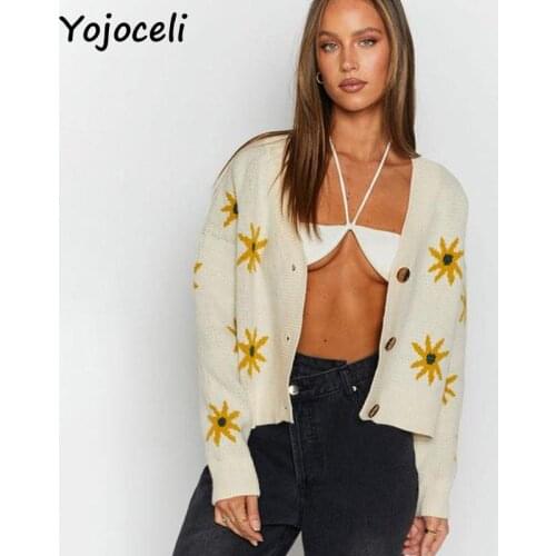 Yojoceli Elegant floral women knitted cardigan Casual fashion female sweater cardigan Autumn button knitting outerwear