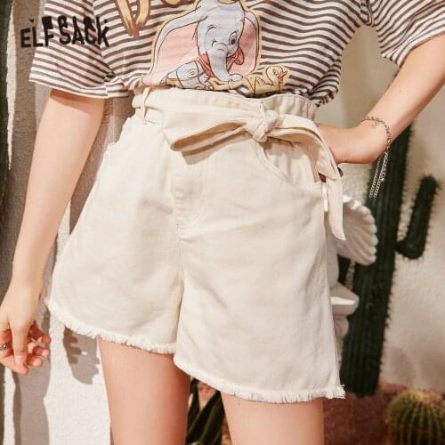 ELFSACK Solid Pure High Waist Smart Casual Women Denim Shorts 2021 Summer ELF Stylish Raw Hem Korean Ladies Basic Daily Bottoms