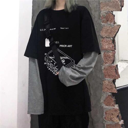 NiceMix Harajuku Fake Two Piece T-Shirt women Hip Hop Streetwear Long Sleeve Printed Oversized Mens Tees Casual Loose O-Neck