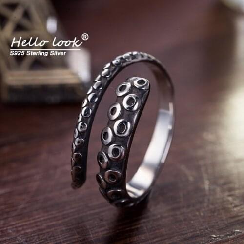 HelloLook 925 Sterling Silver Retro Octopus Ring for Men Women Adjustable Size Wrap Ring Punk Gothic Jewelry